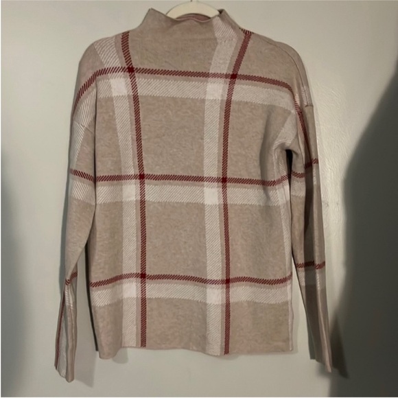Women's Tahari Windowpane Mock Neck Long Sleeved Sweater Lux Mauve Soft Preppy - Picture 1 of 6